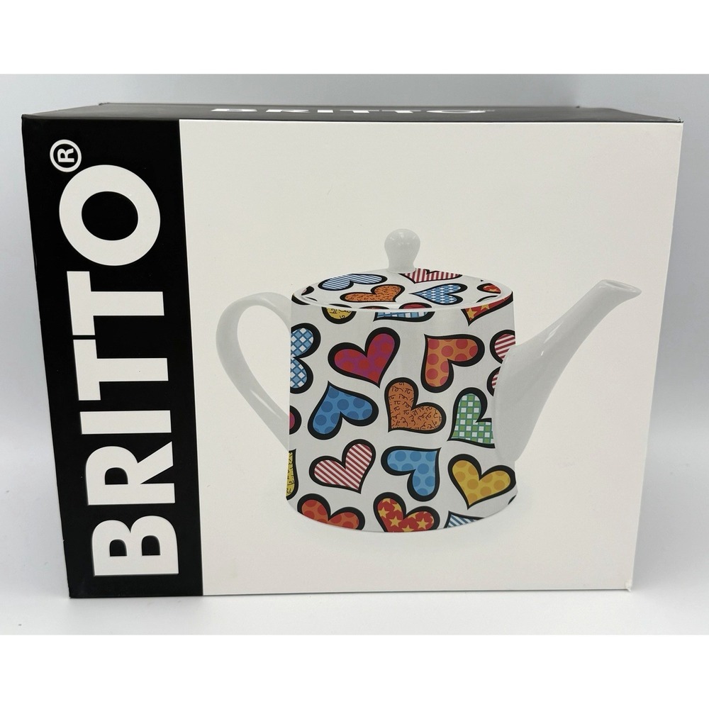 Romero Britto Teapot Coffee Pot Multi Colored Hearts Bone China 28.7 oz New